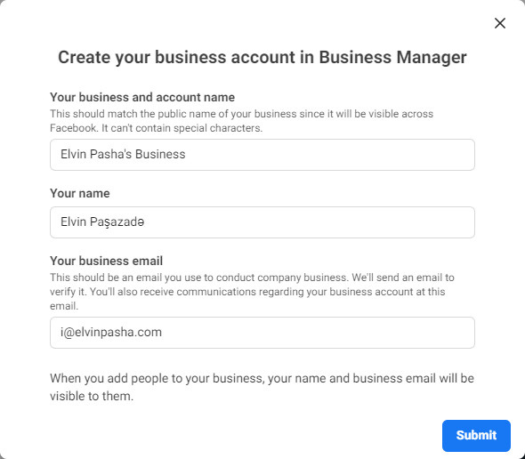 Meta - Facebook Business Manager :  İstifadə Qaydası : Biznes Məlumatlarını Daxil Etmə